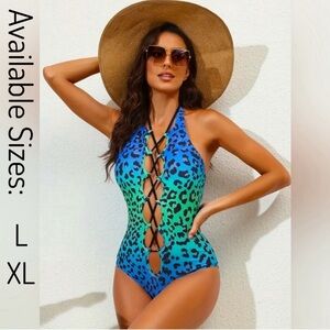 Hollow Out Lace Up Leopard Print Swimsuit
